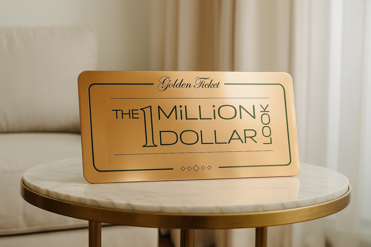 Golden Ticket dorado de The 1 Million Dollar Look sobre una mesa de mármol